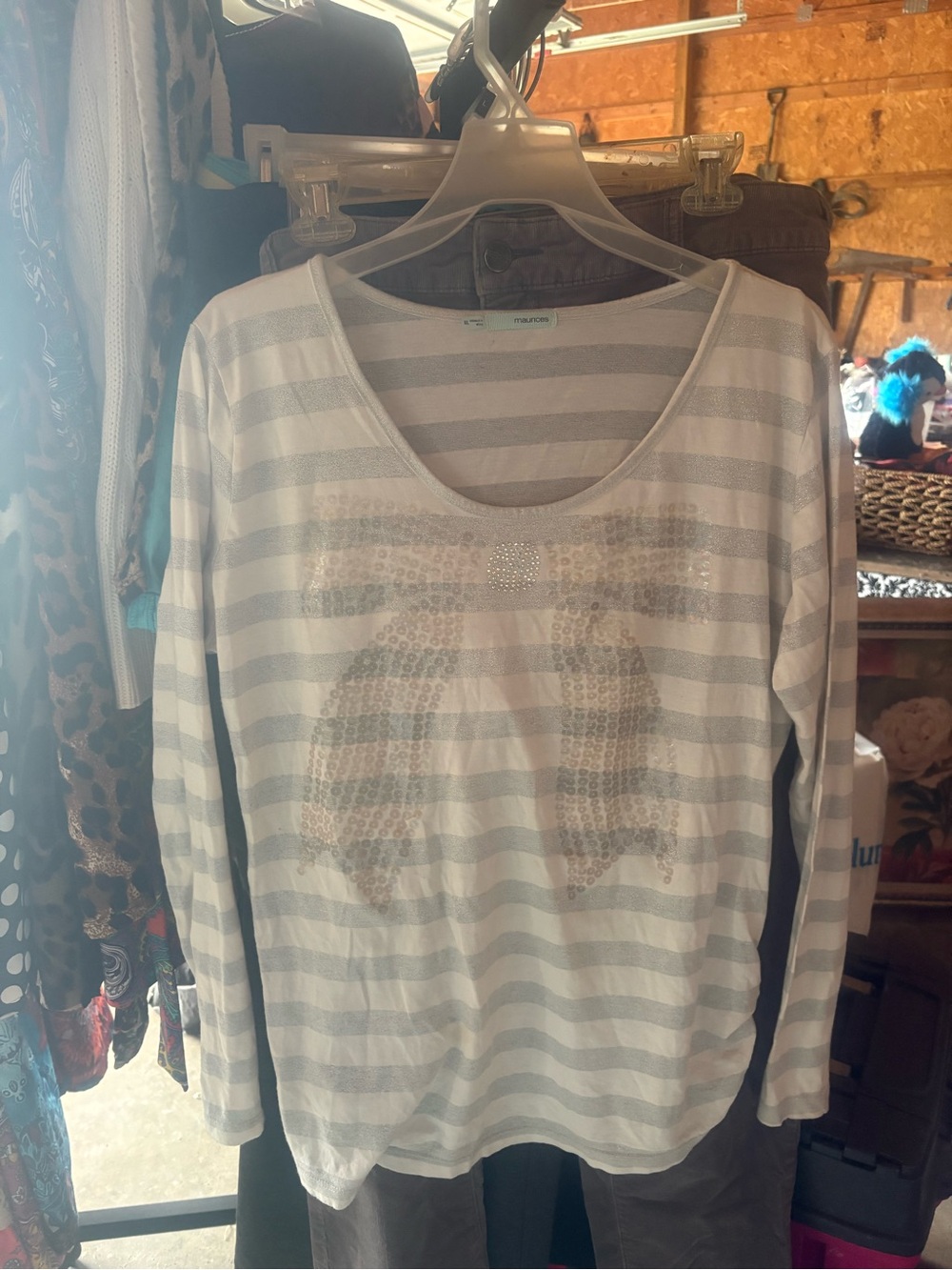 Maurices White and Light Gray Striped Sequin Bow Scoop Neck Top Xxl